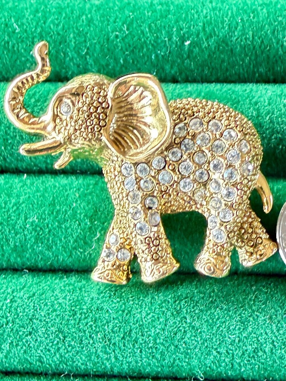 Vintage Gold Tone Rhinestone Elephant Brooch – Trunk Up Good Luck Pin